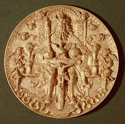 Trojiční medaile, přepracovaná verze originálu z roku 1544, nyní v Domschatzu, Trevír (zlato)